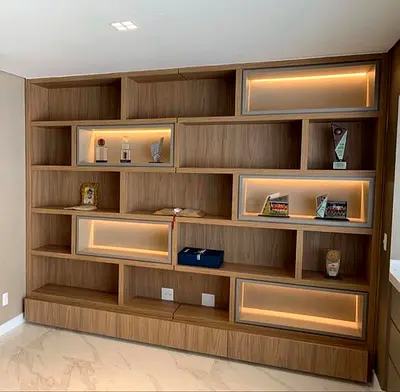 Custom Built-in Wooden Wall Bookcase with LED Lighting