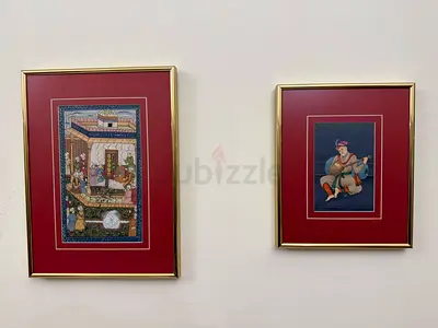Pair of Framed Persian Miniature Paintings with Red Mats (hand painted)