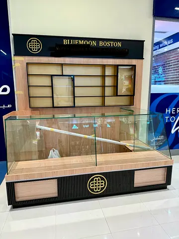 Retail Display Counter with Glass Showcase and Back Shelving