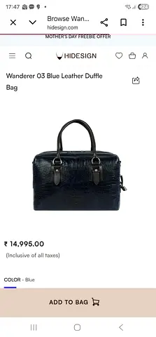 Dark Blue Pure Leather Duffel / Travel Bag - Hidesign Wanderer O3 Style