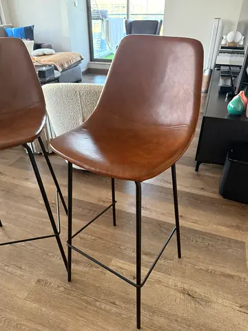 Set of 2 Brown Leather Dining / Bar Chairs with Metal Legs