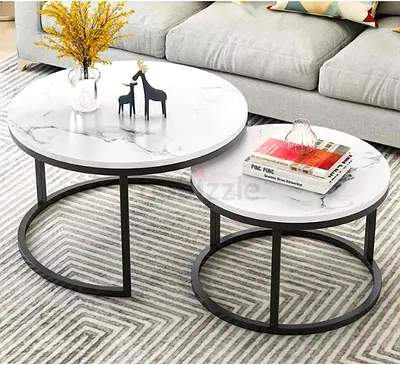 Modern Black Nesting Coffee Table Set – Round Marble Style Living Room Tables