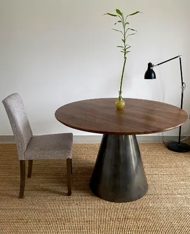 Round Wooden Dining Table with Cone Metal Base - Solid Top