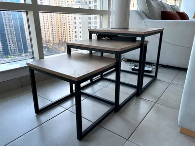 Set of 3 Nesting Side Tables with Metal Frame and plastic Top (Wood color)