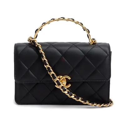 Authentic Chanel Black Lambskin Quilted Chain Logo Top Handle Flap Bag