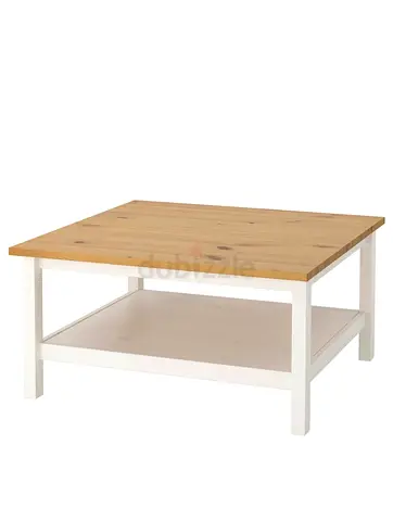 Square Wooden Coffee Table with Lower Shelf - White Base, Pine Top