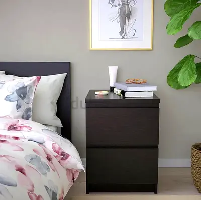 TWO IKEA MALM Dark Wood 2-Drawer Nightstand / Bedside Table (40x50)