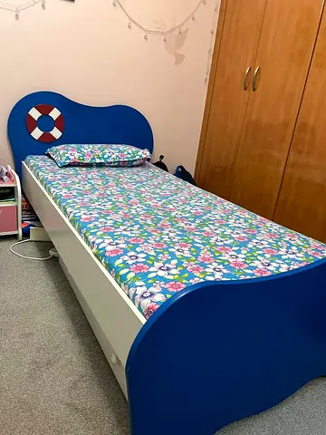 Single Kids Bed with Storage, Nautical Blue Headboard