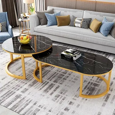 Modern Black like Marble Nesting Coffee Table Set – Gold Metal Frame Luxury Center Tables