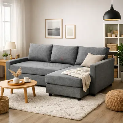 Grey Fabric L-Shaped Sofa with Chaise -Excellent condition - Almost new! PRICE NEGOTIABLE