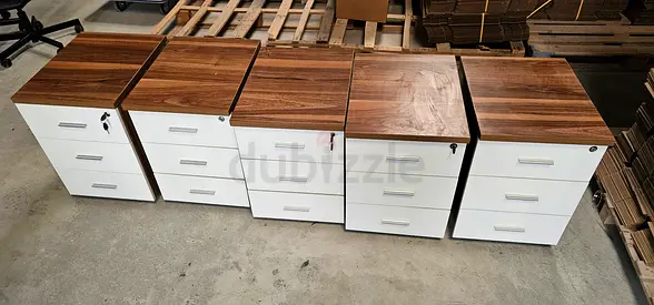 Set of 5 Mobile 3-Drawer Pedestal Cabinets with Wood Tops