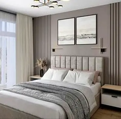 Modern upholstered queen bed with padded headboard - good condition