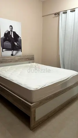 Queen Size Bed Frame with Mattress - Light Wood Finish with 2 side drawers and 1 mirror