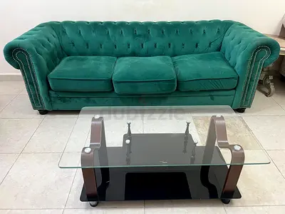 Green Velvet Chesterfield Sofa (3-seater) with Glass Coffee Table