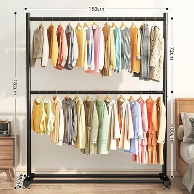 Double Rod Clothing Garment Rack : Double Level Clothes Rack Organizer (150 * 182 * 40cm Black)