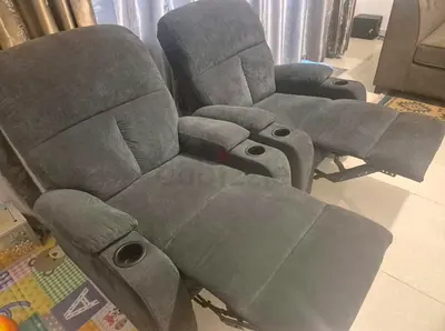 Pair of Grey Recliner Sofa Chairs with Cup Holders - Comfortable Home Theater Seaing.