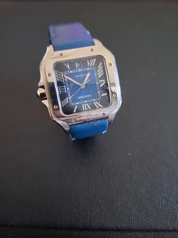 Cartier-style Santos wristwatch with blue dial and leather strap