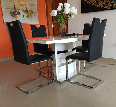Modern White Dining Table with 4 Black Leather Chairs - Good Condition