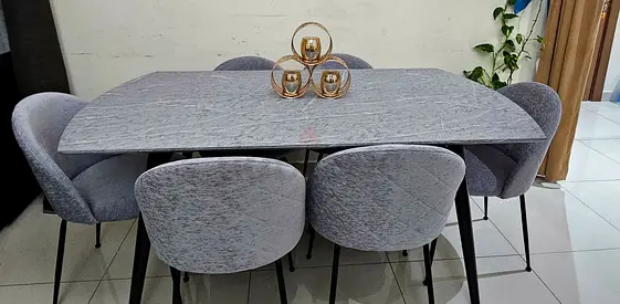 6-Seater Grey Fabric Dining Table and Chairs Set