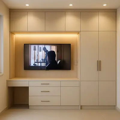 Custom Built-in Wardrobe with TV Niche and Desk