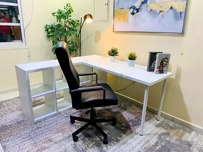L-shaped White Office Desk with Storage Shelves