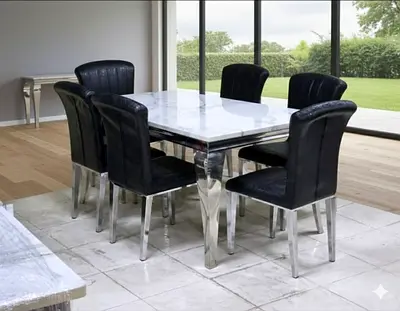 Marble-Top Dining Table with 6 Chairs