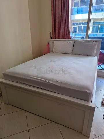 White Wooden Double Bed with Mattress - Good Condition