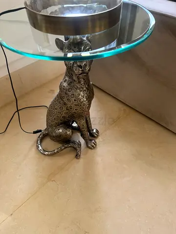 Glass Top Side Table with Decorative Leopard Base 2 tables set