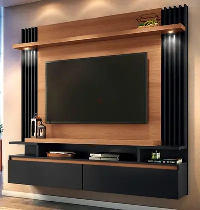Modern wall-mounted TV entertainment unit with storage — walnut  matte black