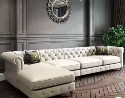 Large Left-Arm Chesterfield Sectional Sofa in Light Beige