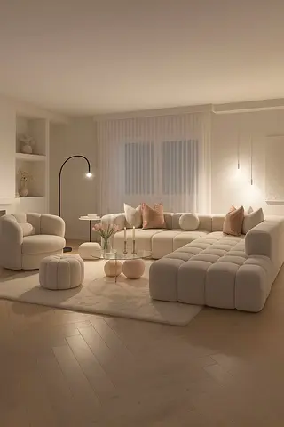 Beige Modular Sofa Set Accent Cushions