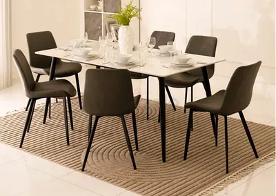 Modern 6-Seater Dining Table Set with Marble Top and Upholstered Chairs