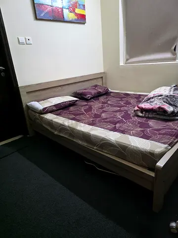 Wooden Double Bed Frame with Mattress - Light Grey, Good Condition