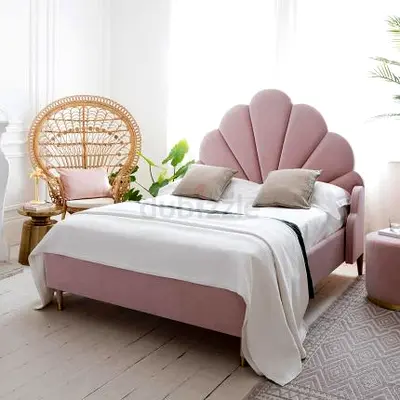 Pink Velvet Shell-Style Double Bed with Upholstered Headboard