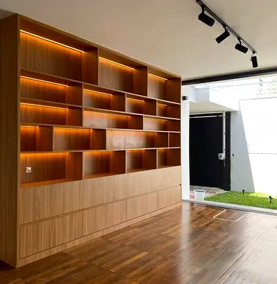 Custom Built-in Wooden Bookshelf with LED Lighting - Excellent Condition