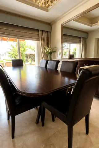 Solid Dark Wood Dining Table with 8 Leather Chairs from Huzaifa furniture