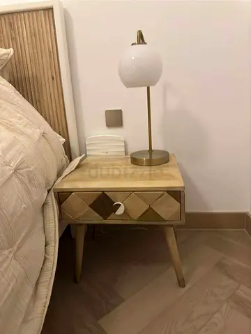 Wooden Bedside Table with Decorative Drawer — Light Oak Finish