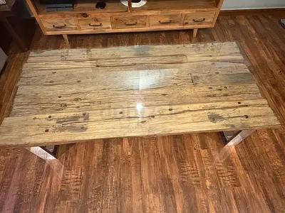 Solid Railway Wood Coffee Table with Glass Top - Rustic Finish Marina Home