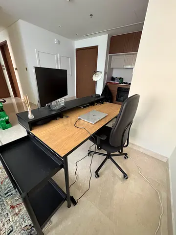 Ikea Wooden Office Desk with Ergonomic Chair and Monitor Stand - Excellent Condition