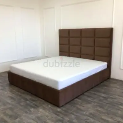 Brown Upholstered King Size Bed with Padded Headboard