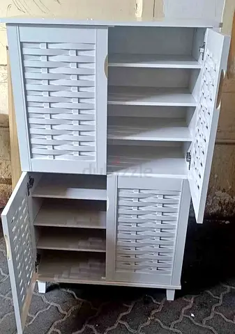 White Wooden Multi-Shelf Storage Cabinet with Louvered Doors