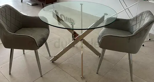 Glass Top Dining Table with 2 Grey Velvet Chairs - Modern Set