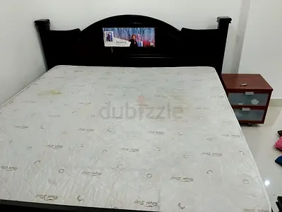 Used Queen Bed Frame with Mattress and Nightstand - Dark Wood