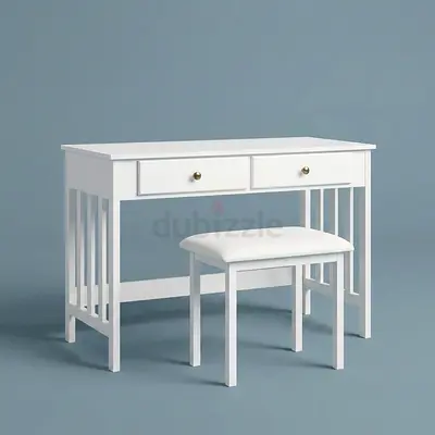 White Dressing/writing Table with Stool - 2 Drawers, Compact Vanity Desk