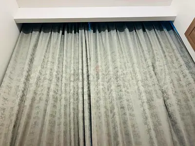 Full-length grey patterned curtains with heading tape - used