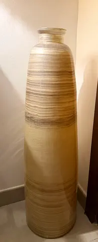 Tall Decorative Glass Floor Vase - Beige Striped Ceramic/Resin