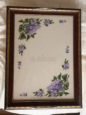 Hand-Embroidered Cross Stitch Floral foot tray  Art in Wooden Frame