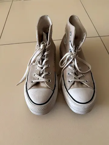 Light beige high-top canvas sneakers, size approx. EU 38 — gently used