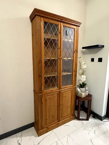 Tall Wooden Glass-Front Cabinet / Display Cupboard - Solid Pine