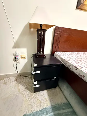 2x Wooden Bedside Tables with Two Drawers and Lamps - Excellent Condition